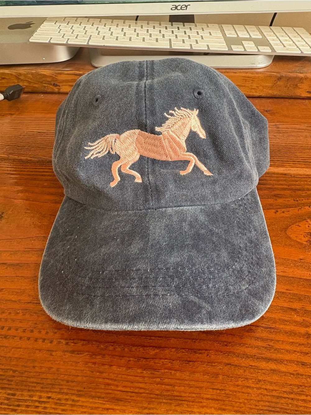 Blue Baseball Cap with Pink Horse Embroidery